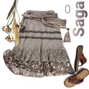 New SAGA Brown Boho Floral Stripe Embroid Skirt 0